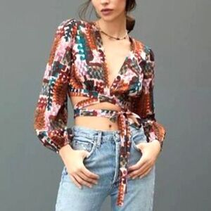 Anthropologie Abstract Crop Wrap Top Womens 12 Pink Orange Long Sleeve Blouse